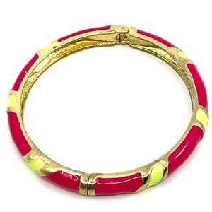 VTG Pink Lime Enamel Gold Tone Hinged Bangle Bracelet Y2K Color‎ Block Jewelry